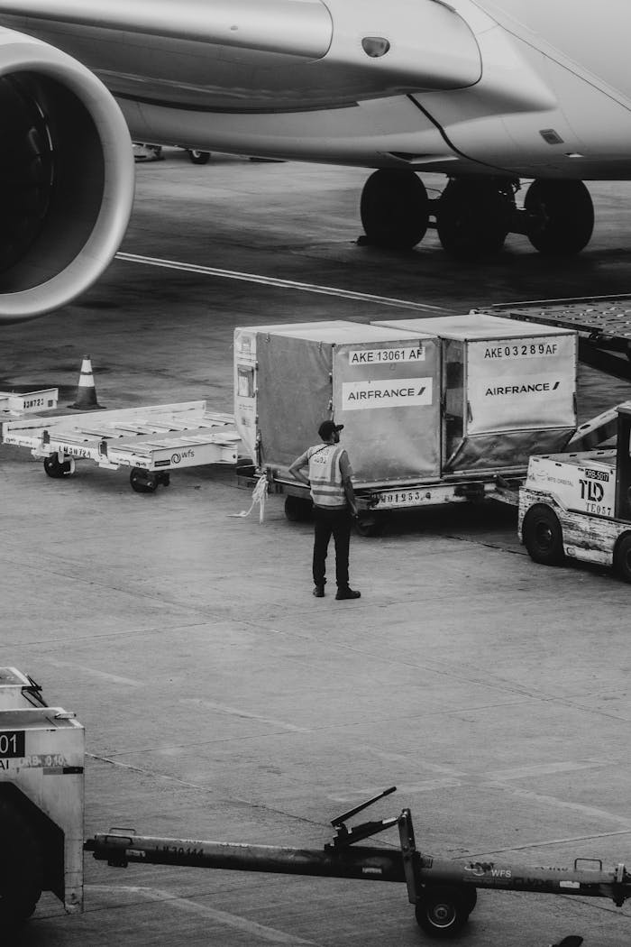 Black and white image of airport crew managing cargo near airplane